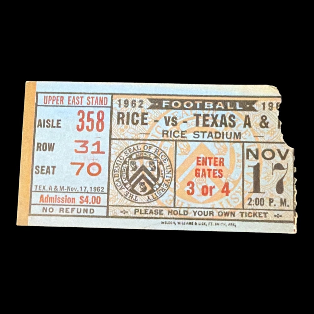Vintage 1962 Rice vs Texas A&M Football Ticket Stub Rice Stadium Nov 17 1962